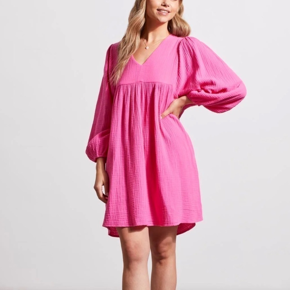 Tribal Cotton Gauze Pink Puffy Sleeve Dress NWT - Picture 2 of 8